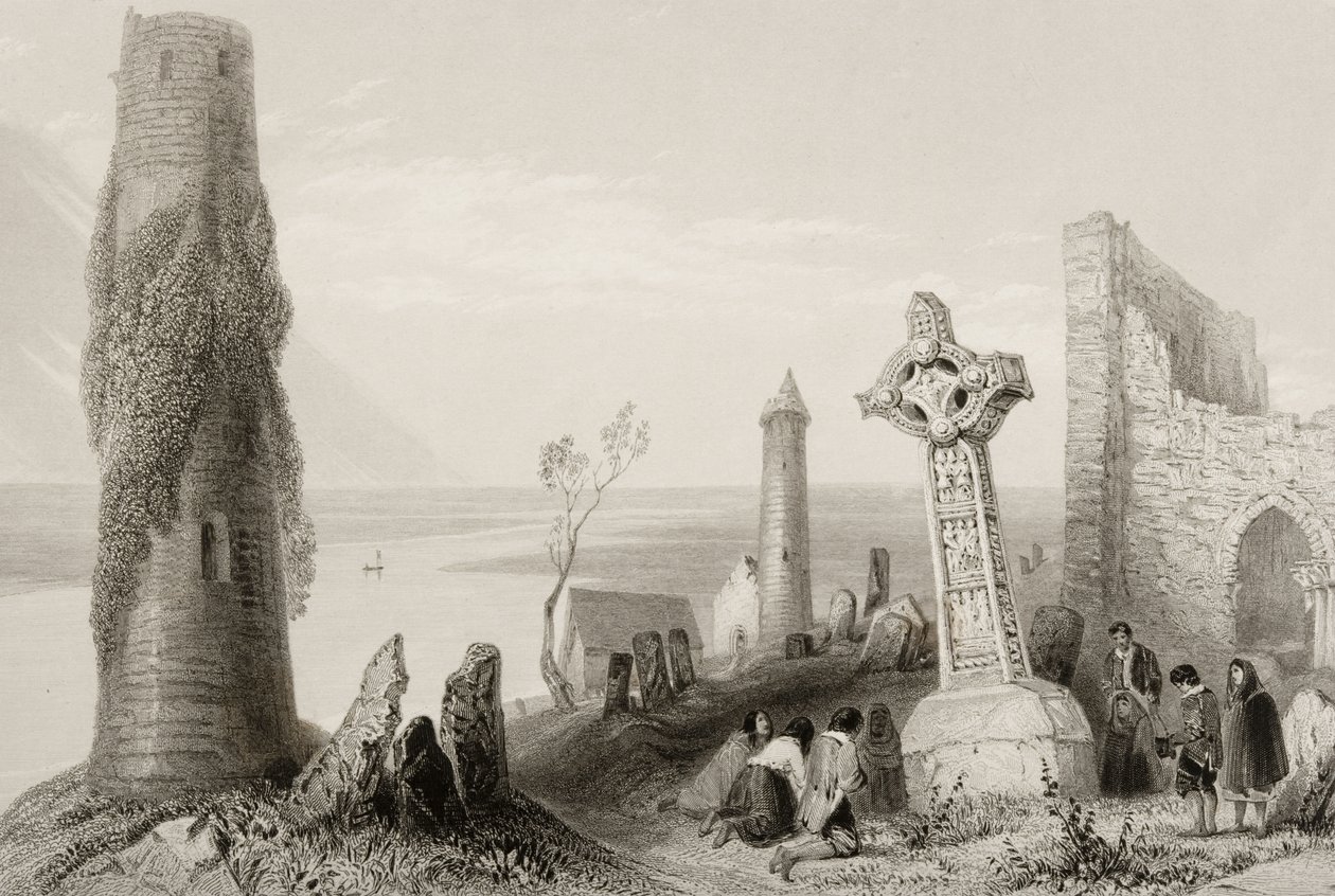 La vieille croix et la tour ronde à Clonmacnois, comté d