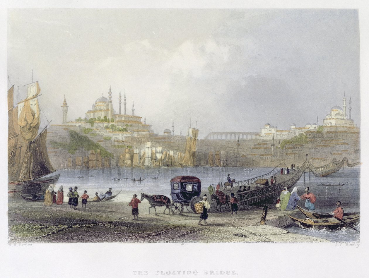 Le Pont Flottant, Istanbul, gravé par J.C. Bentley, vers 1850 - William Henry Bartlett