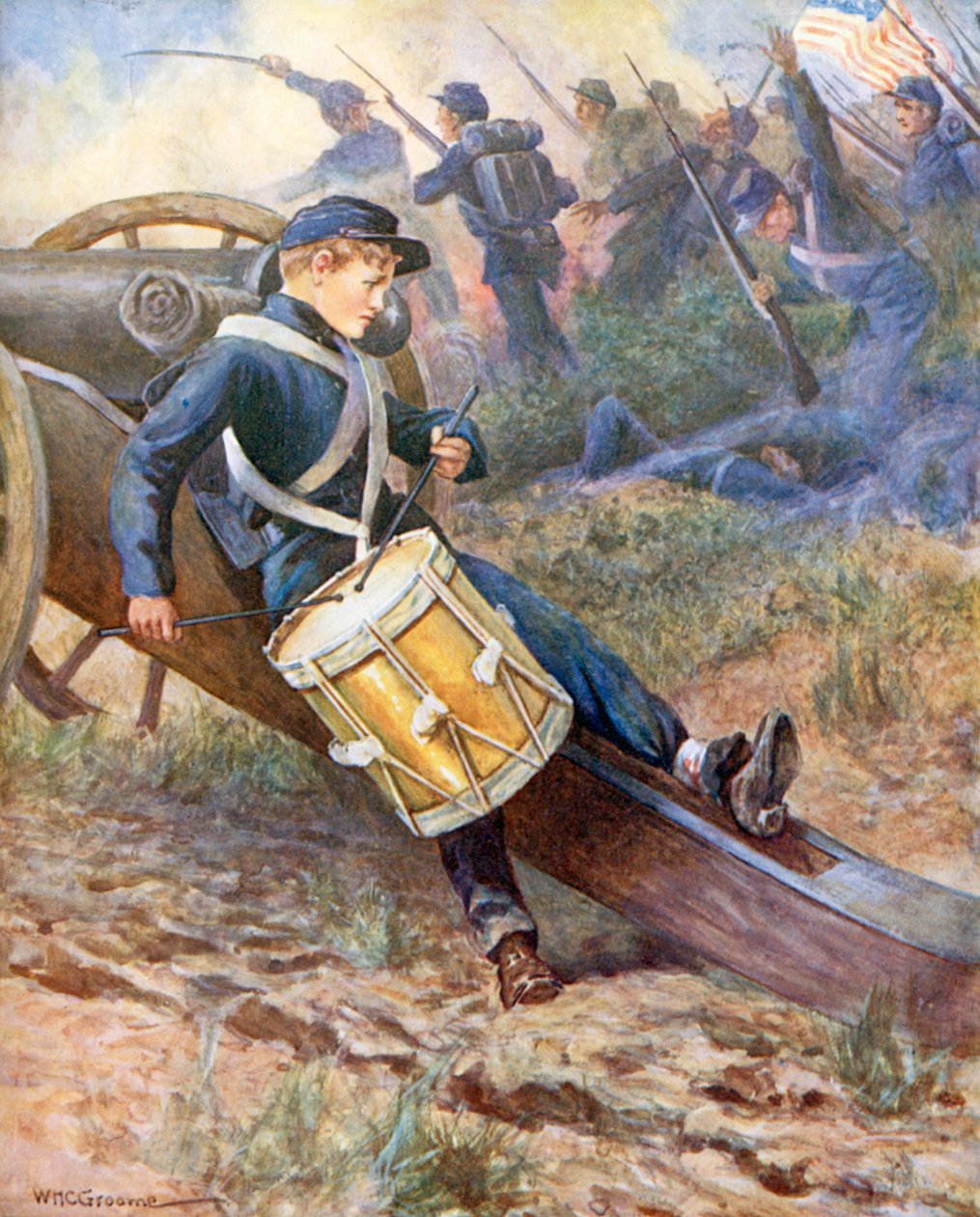 "Il rampait derrière un canon et devenait de plus en plus pâle (lithographie couleur) - William Henry Charles Groome