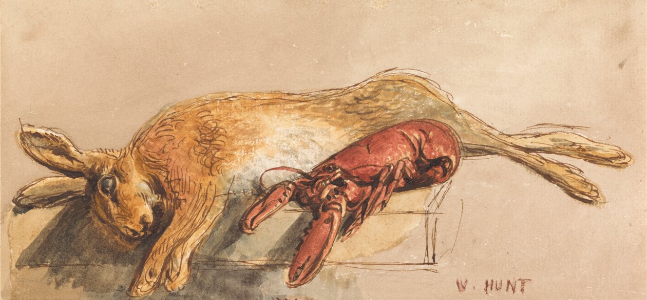 Un lièvre mort et un homard cuit sur un banc - William Henry Hunt