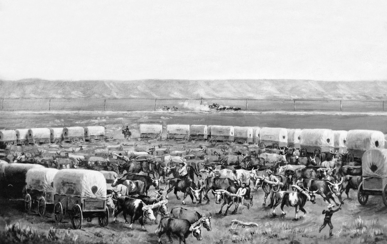 Bœufs attelés dans un corral de chariots couverts dans une peinture de W. H. Jackson, Scotts Bluff, Nebraska : c. 1875 - William Henry Jackson