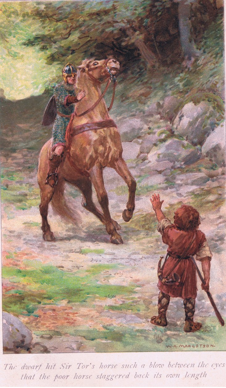 Le nain frappa le cheval de Sir Tor d