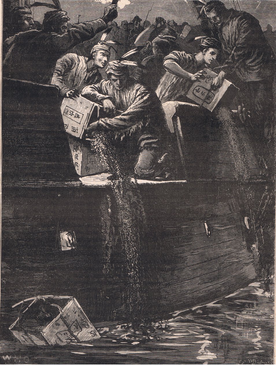 Les garçons de Boston déguisés en Indiens jetant les caisses de thé dans le port en 1773 - William Heysham Overend