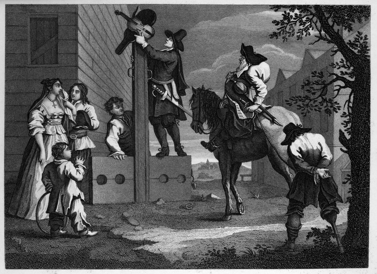 Hudibras et Ralpho conduisent leur prisonnier Crowdero aux stocks - William Hogarth