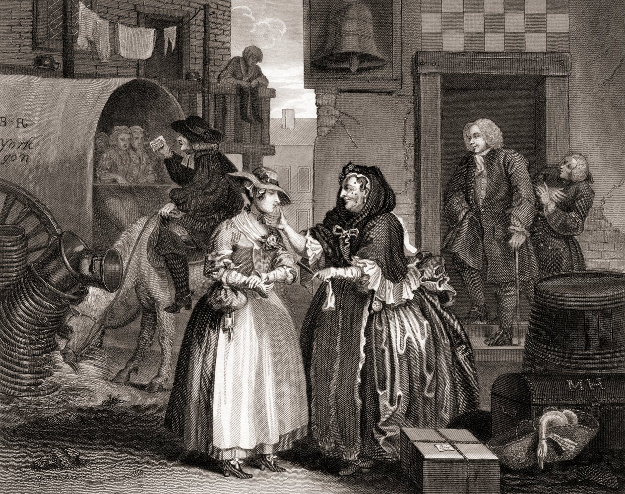 Le Progrès de la prostituée pris au piège par une entremetteuse, des Œuvres de Hogarth publiées à Londres en 1833 (gravure en noir et blanc) - William Hogarth