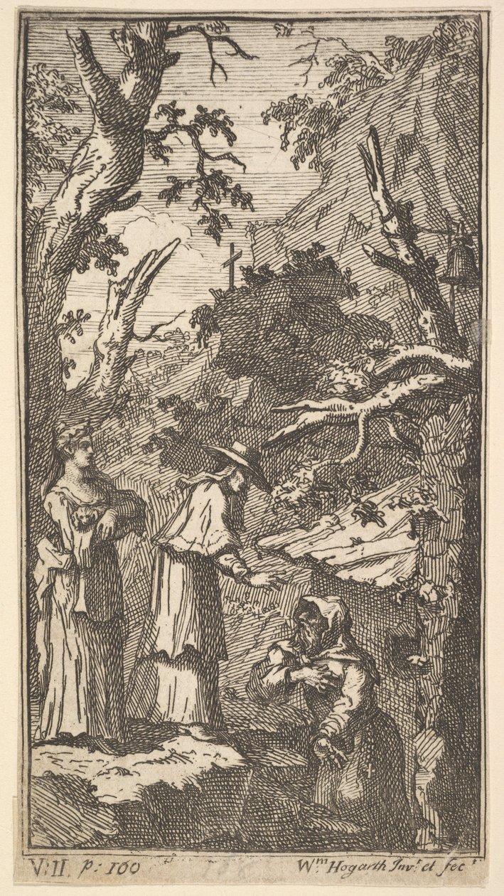 La Nouvelle Métamorphose, Planche 7 : Le Cardinal, un Ermite et Donna Angela tenant Fantasio - William Hogarth