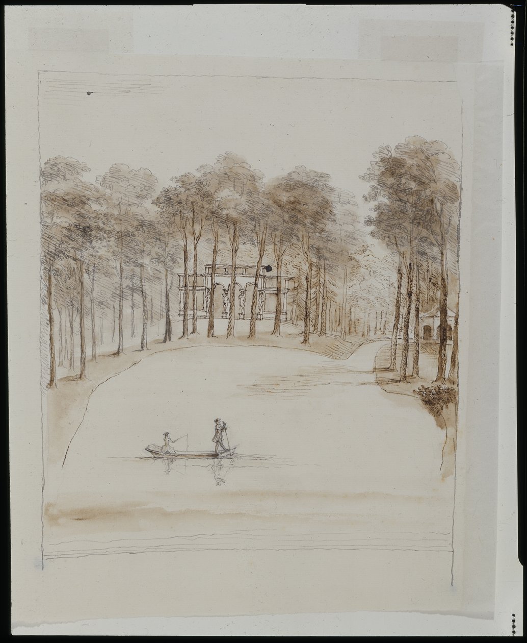 Nichoir à Chiswick; bassin avec un couple en bateau, la femme pêchant - William Kent