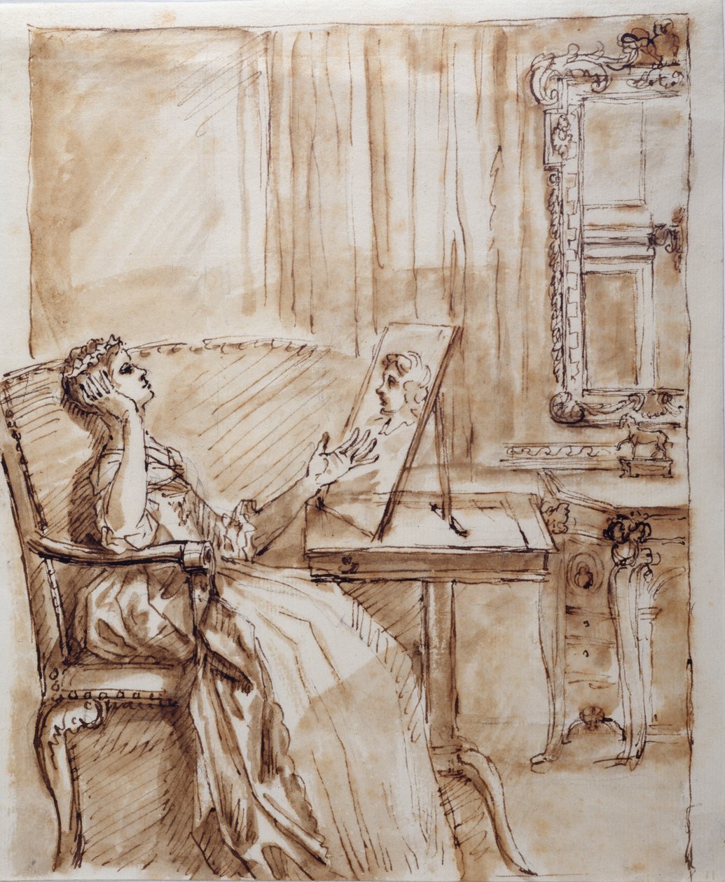 Lady Burlington assise dans sa salle de jardin admirant un dessin de maître ancien (?) (encre sur papier) - William Kent