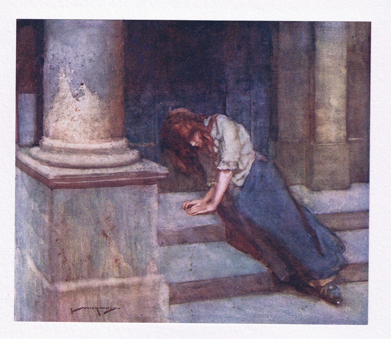 Et, pincé par le froid, et se retirant de la pluie, avec un cœur lourd déplore cette heure malheureuse (lithographie en couleur) - William Lee Hankey