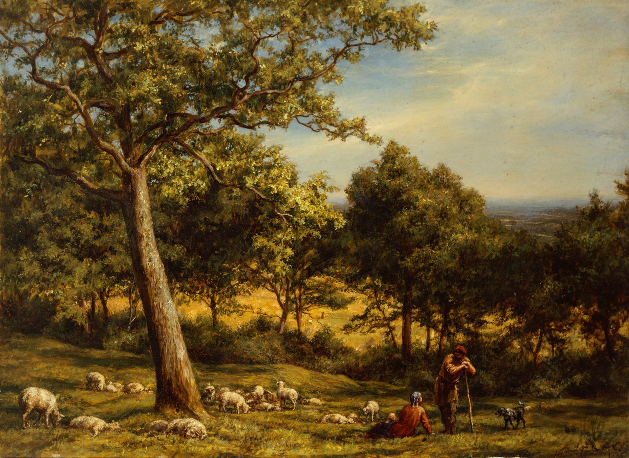 Un Berger et son Troupeau dans un Paysage Boisé Ensoleillé - William Linnell