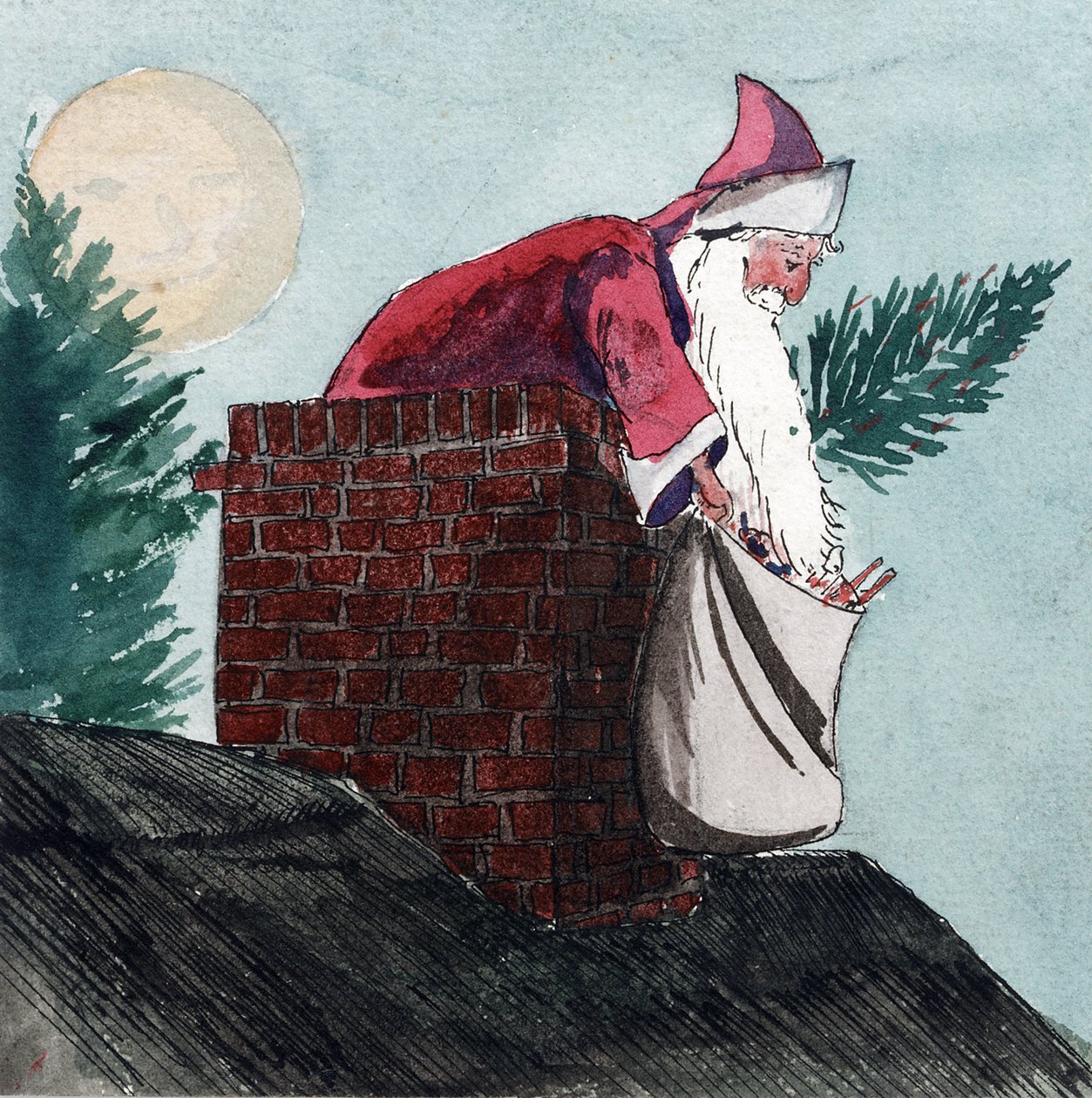 Père Noël descendant par une cheminée, tirant un sac plein de jouets et un arbre de Noël. Aquarelle, début du 20e siècle, par William Lionel Wyllie (1851-1931). - William Lionel Wyllie