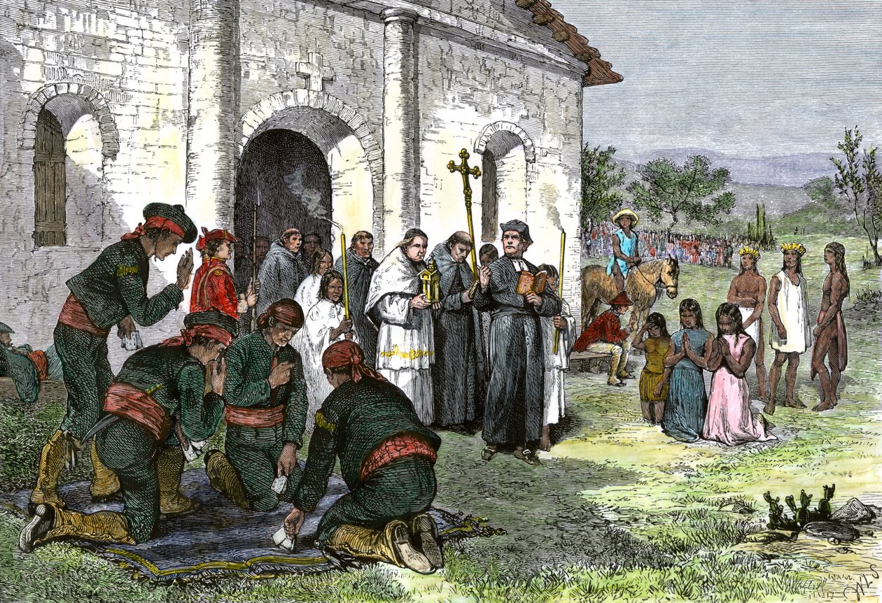 Mission espagnole en Californie, avec des prêtres, des soldats et des Indiens d