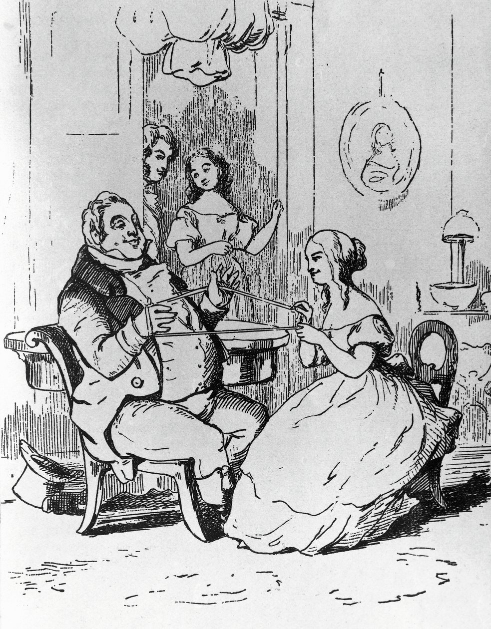 M. Joseph Sedley piégé par Becky Sharp, illustration pour le 1er chapitre de Vanity Fair, roman de William Makepeace Thackeray (1811-1863), gravure d
