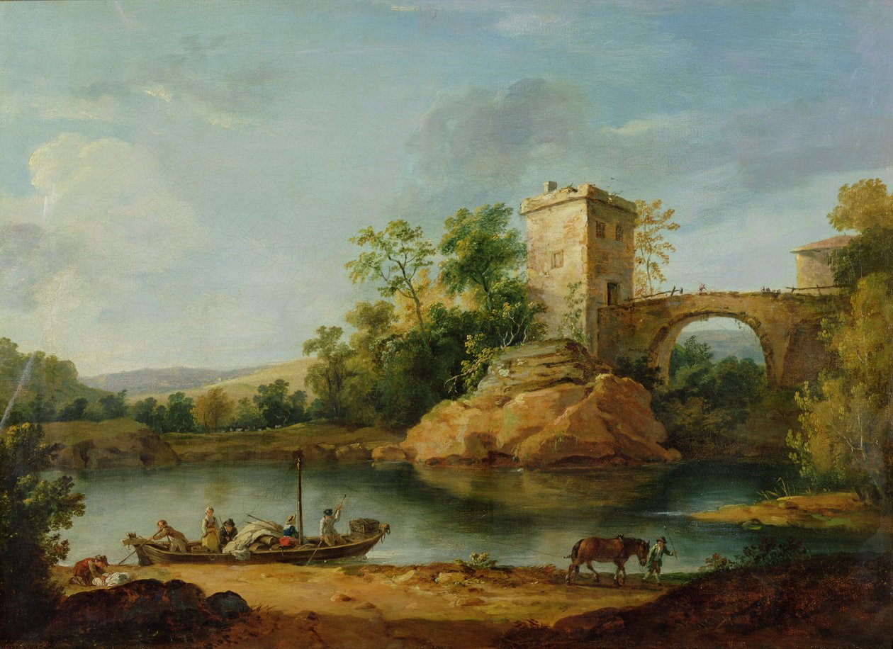 Paysage fluvial italien boisé avec paysans dans une barge et un pont au-delà, vers 1770 - William Marlow