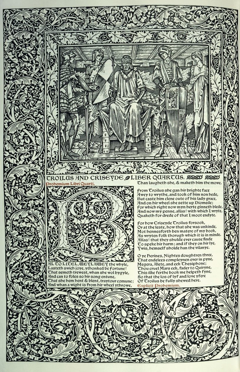 Scène de « Troilus et Criseyde », initiale historiée « B », manuscrit avec bordure pleine page, 1896 - William Morris