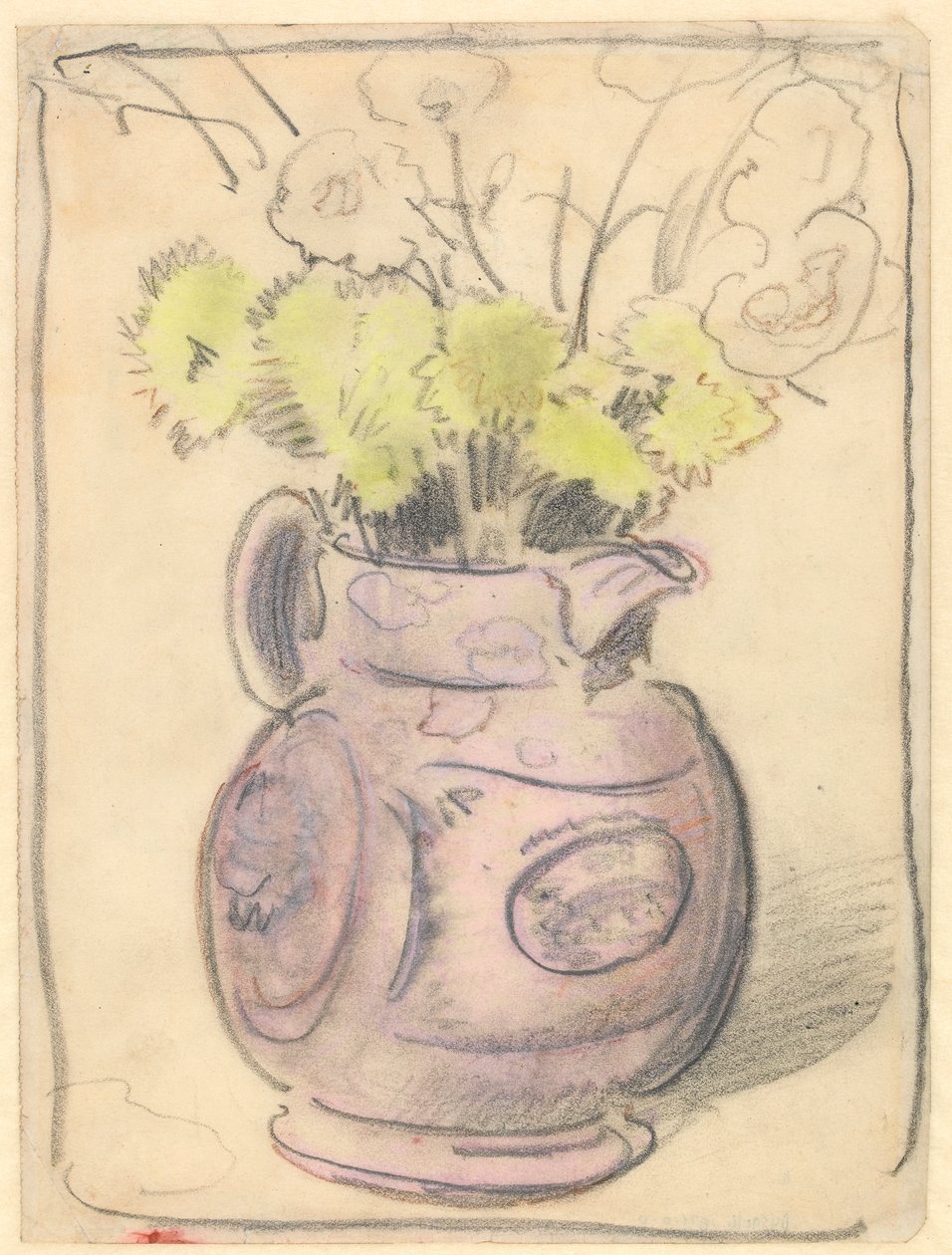 Vase de fleurs : chrysanthèmes jaunes dans un pichet en lustre - William Nicholson