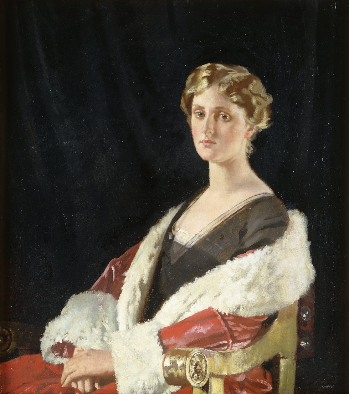 Portrait de Nancy Oswald Smith, assise à mi-longueur, en manteau rouge doublé de fourrure, 1915 - William Orpen