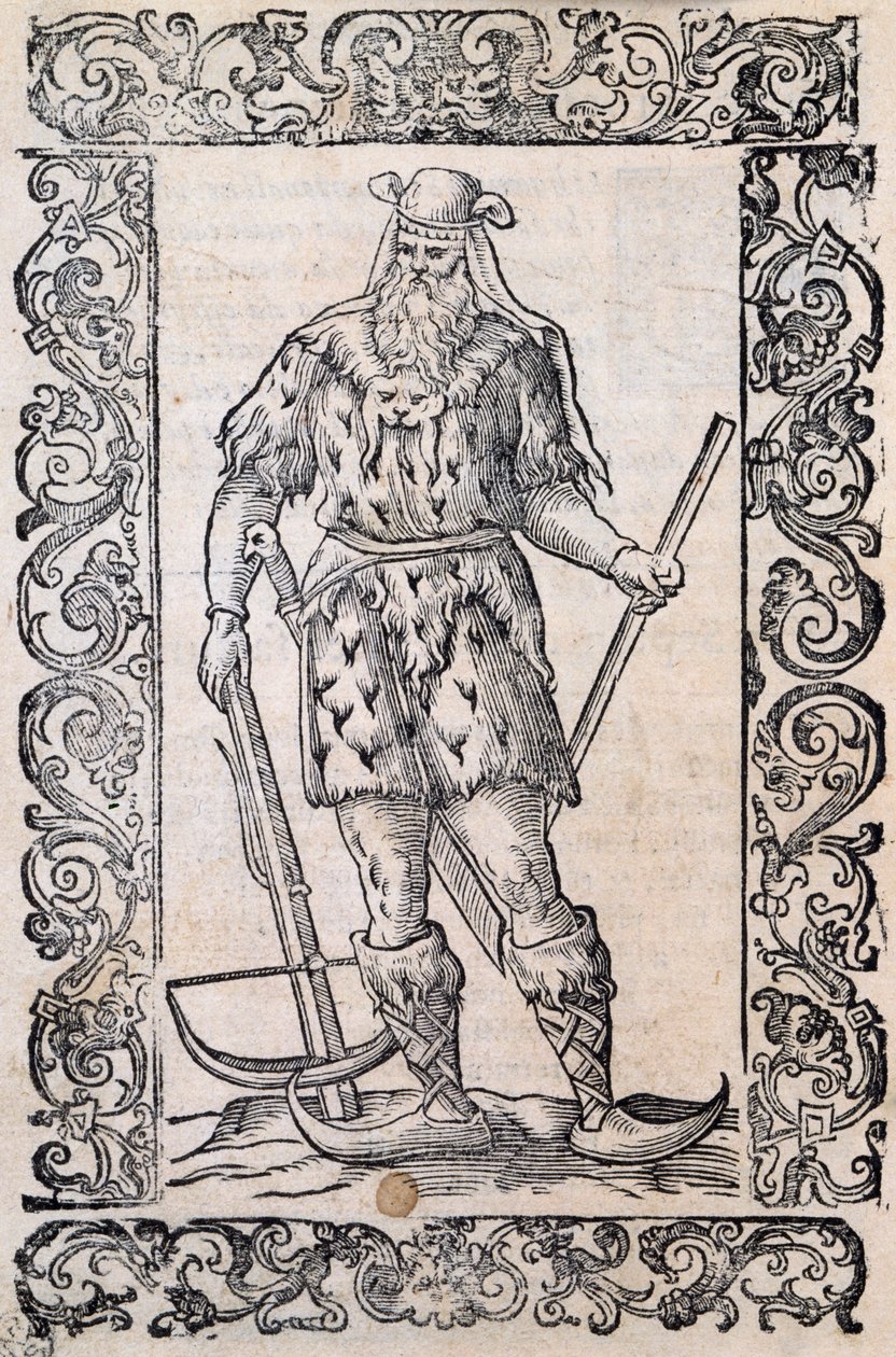 Homme avec robe en fourrure, arbalète et chaussures à bout tordu (exemple de skis rudimentaires), illustration attribuée à Cesare Vecellio (1521-1601), publiée en Italie au XVIe siècle - Nicolas Toussaint Charlet