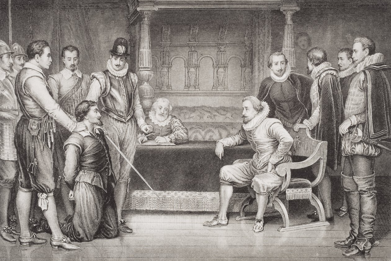 Guy Fawkes (1570-1606) interrogé par Jacques Ier (1566-1625) et son conseil dans la chambre du roi, de 