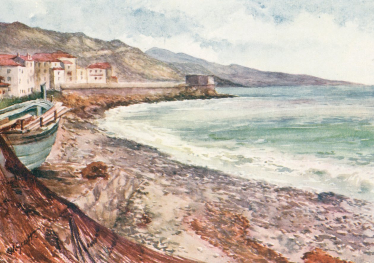 France et Italie, Sur le rivage, Mentone, regardant vers Bordighera (lithographie couleur) - William Scott