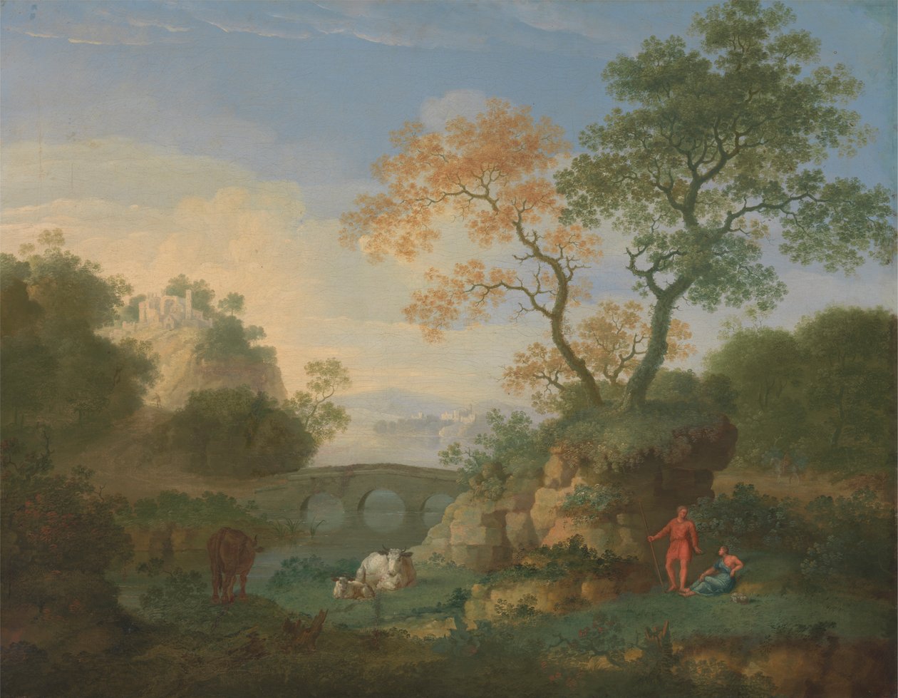 Paysage avec des ruines classiques lointaines, un pont, des personnages et du bétail - William Smith