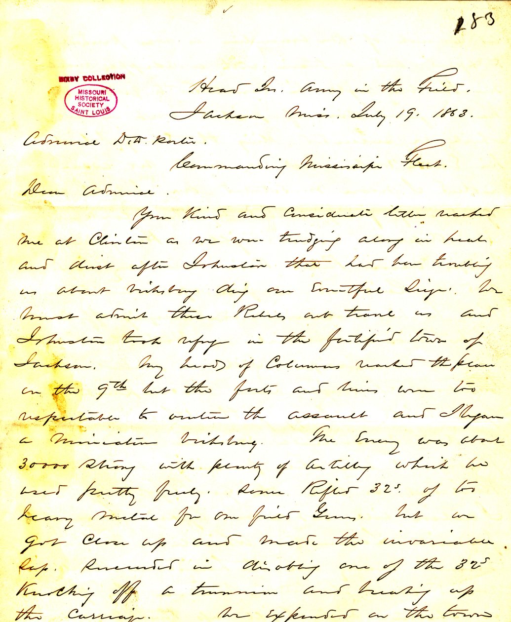 Lettre de W. T. Sherman, quartier général, Armée sur le terrain, Jackson, Mississippi, à [David D.] Porter, 19 juillet 1863 - William T. Sherman