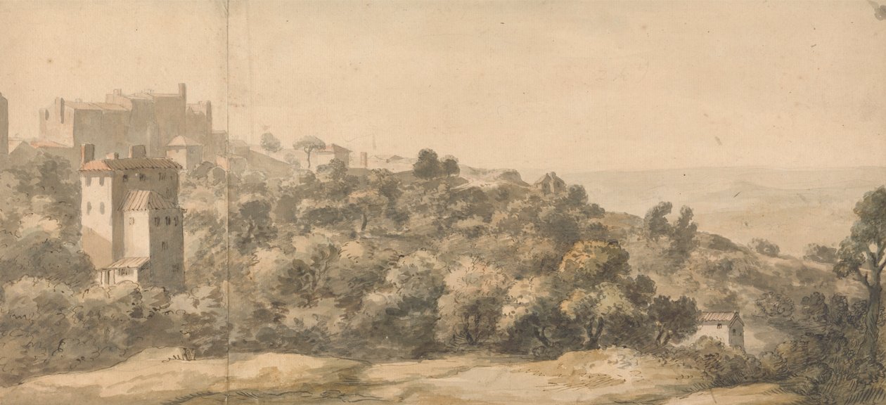 Paysage italien : village sur une colline à gauche, pente vers la droite, avec vallée lointaine au-delà - William Taverner