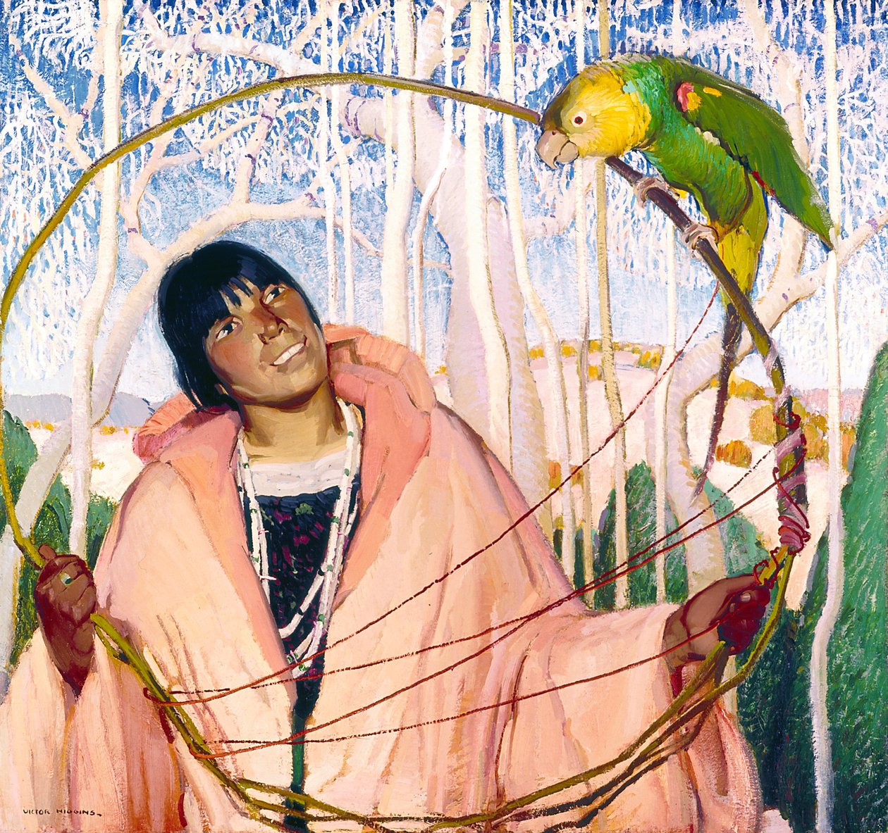 Fille Indienne Avec Perroquet Et Cerceau - William Victor Higgins