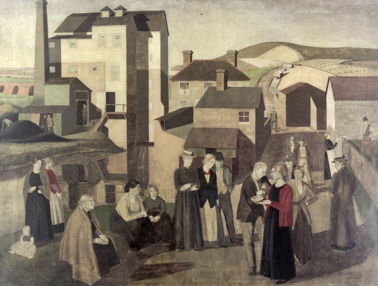Scène dans une rue de village avec des ouvriers de moulin conversant - Winifred Knights
