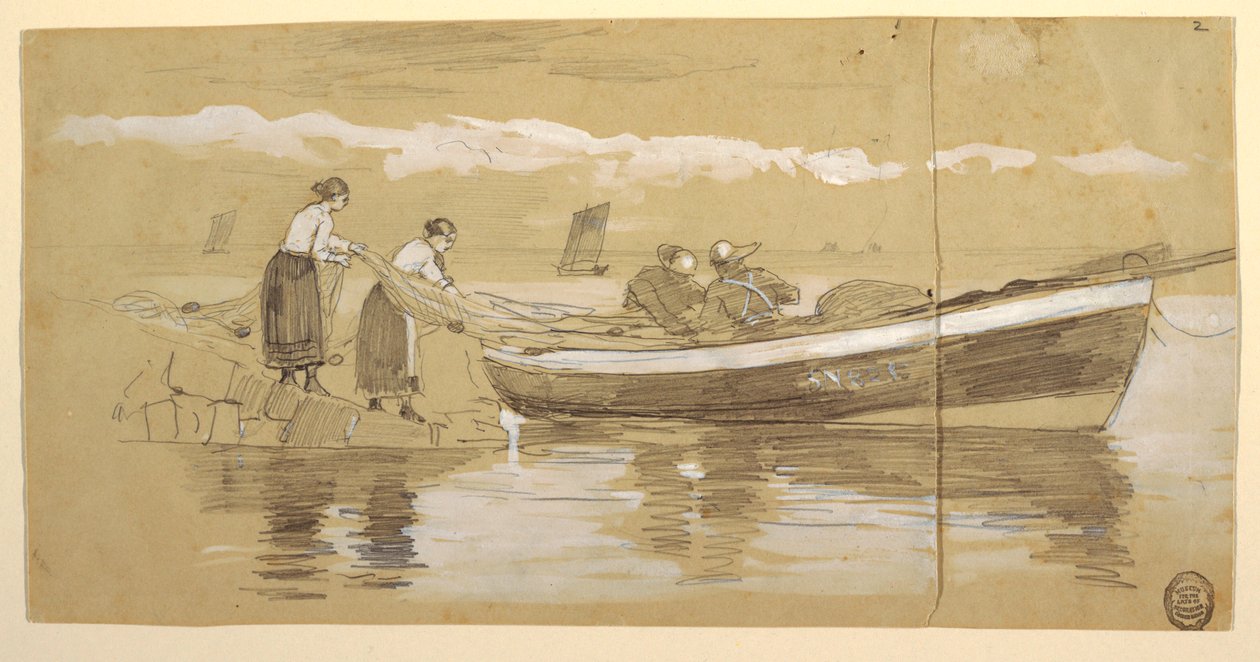 Dessin, Pêcheur et femmes rangeant des filets dans une doris échouée, Cullercoats, Angleterre - Winslow Homer