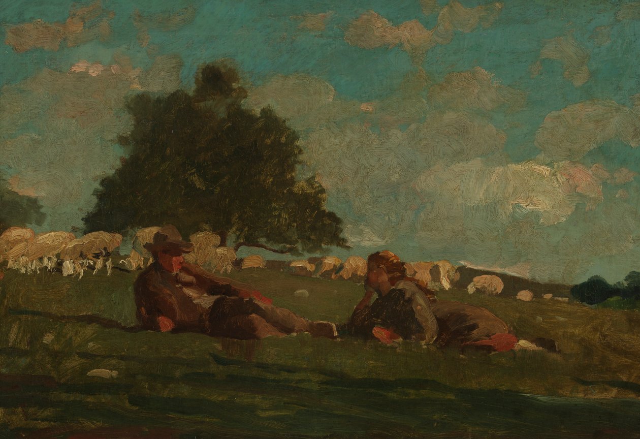 Garçon et fille dans un champ avec des moutons - Winslow Homer