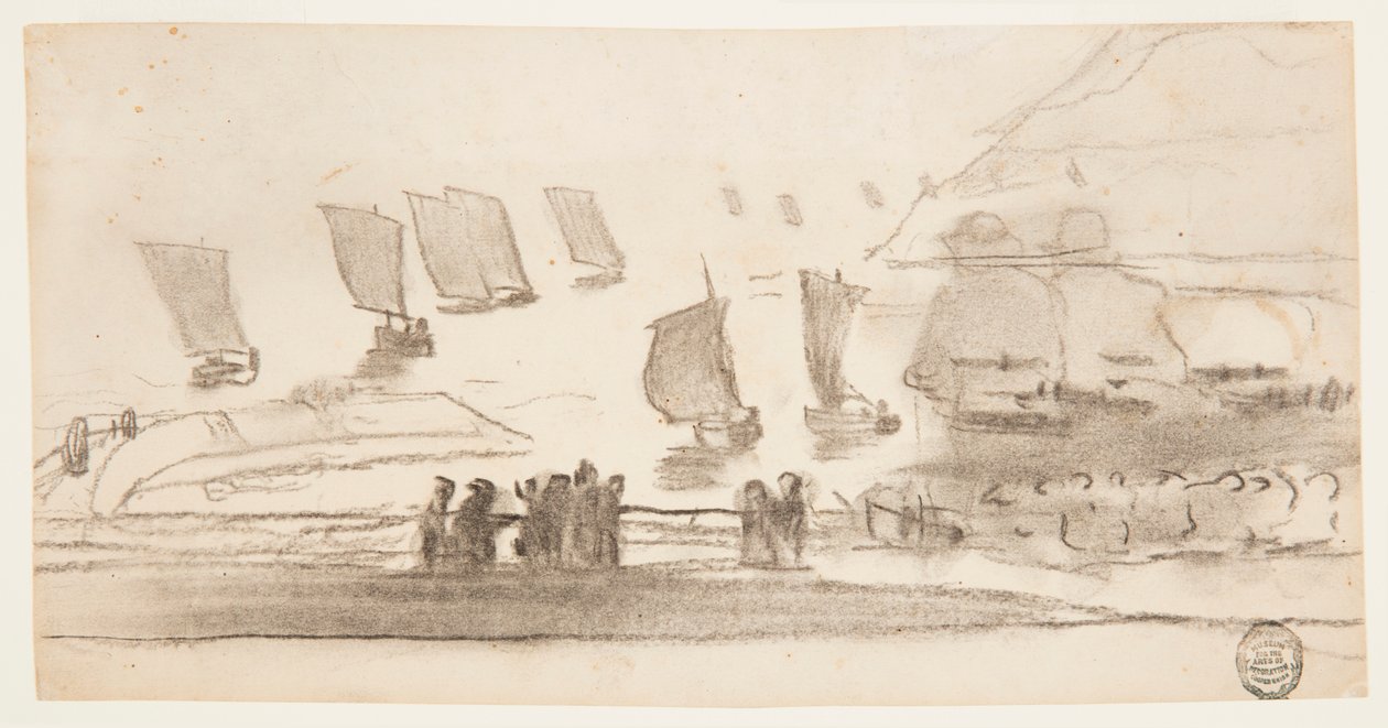 Dessin, scène de plage avec des gens et des bateaux de pêche, Cullercoats, Angleterre, 1881-82 - Winslow Homer