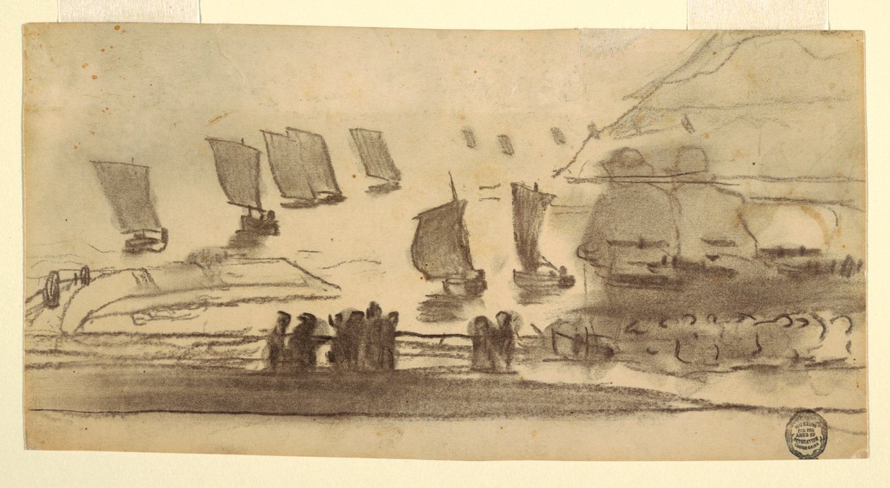 Dessin, scène de plage avec des gens et des bateaux de pêche, Cullercoats, Angleterre, 1881-82 - Winslow Homer