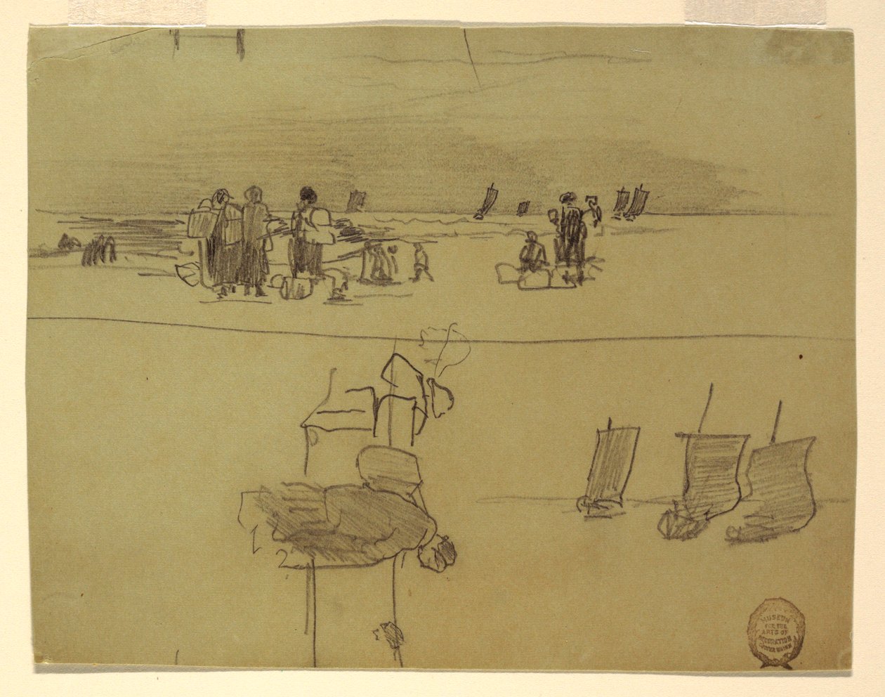 Dessin, scène de plage avec des femmes portant des paniers, Cullercoats, Angleterre, 1881-82 - Winslow Homer