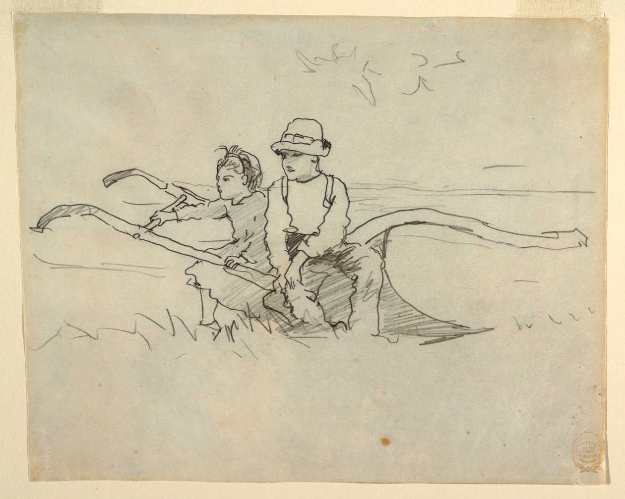 Dessin, garçon et fille assis sur une charrue, 1879 - Winslow Homer