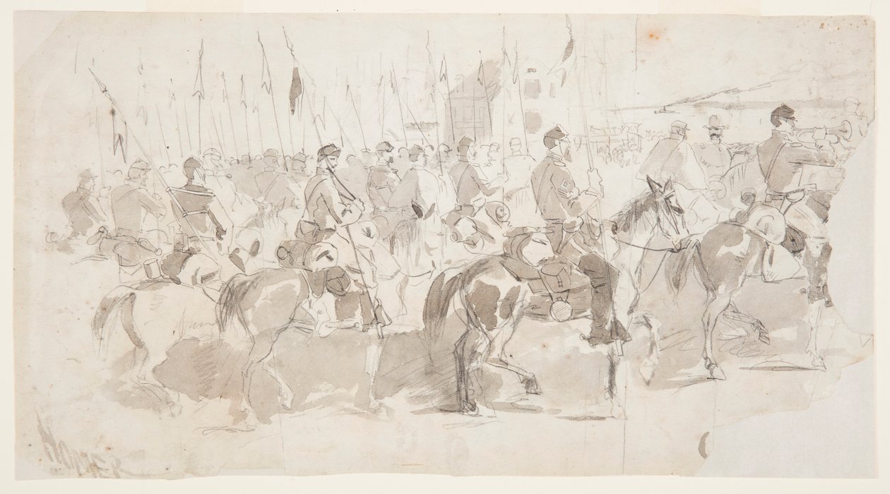 Dessin, Sixième régiment de cavalerie du général McClellan embarquant à Alexandria pour Old Point Comfort, 2 avril 1862 - Winslow Homer