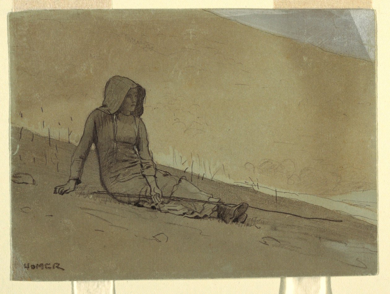 Dessin, jeune fille assise sur une colline, 1878 - Winslow Homer