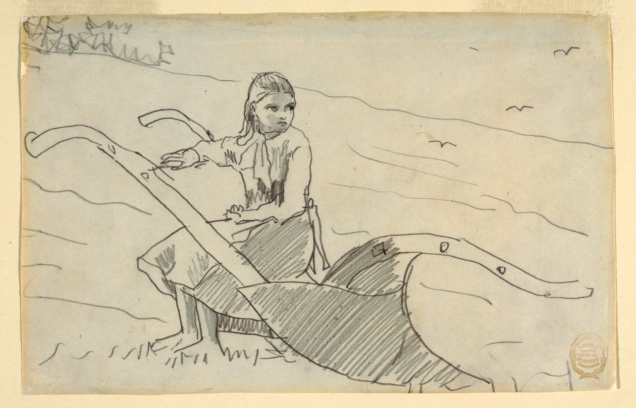 Dessin, jeune fille assise sur une charrue, 1879 - Winslow Homer