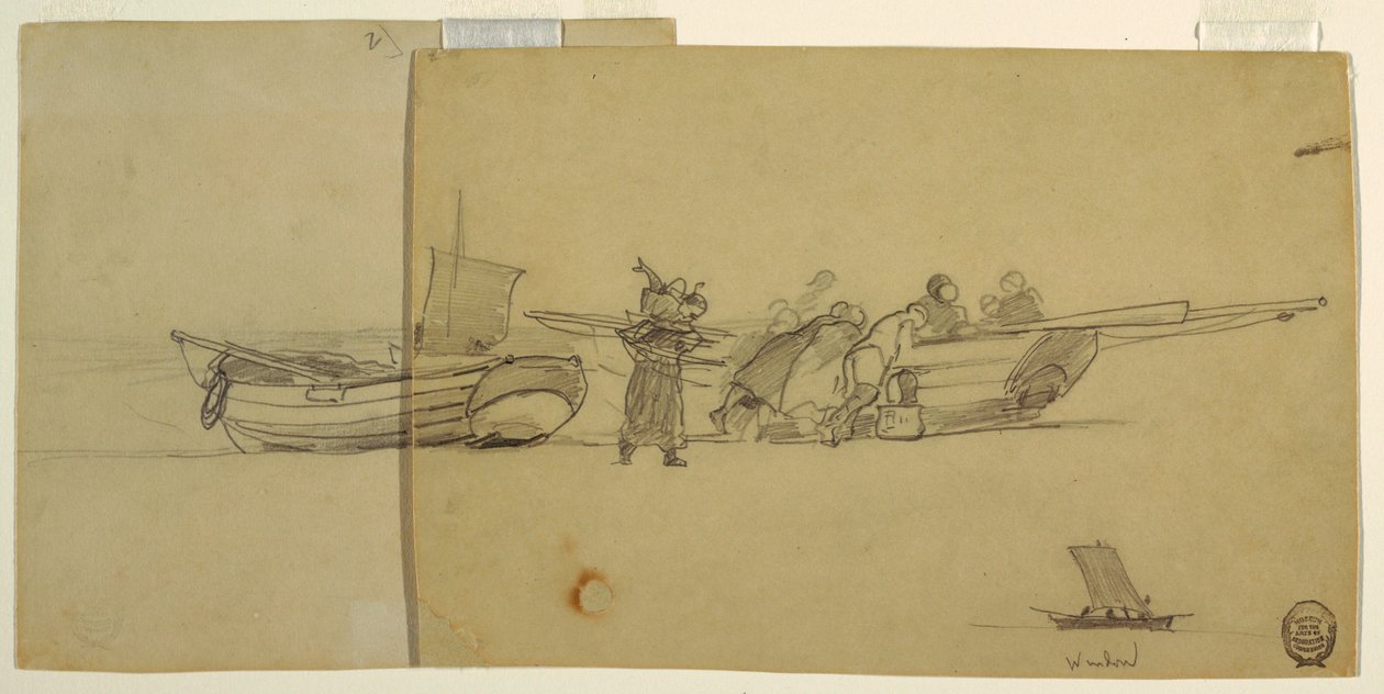 Dessin, hommes et femmes déchargeant un doris de pêche, Cullercoats, Angleterre, 1881-82 - Winslow Homer