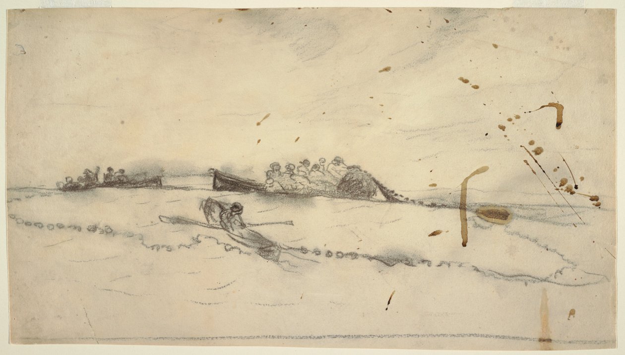 Dessin, trois bateaux avec des pêcheurs tendant un filet, 1881-82 - Winslow Homer