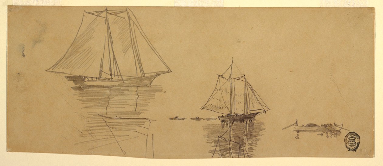 Dessin, deux goélettes et des doris, vers 1880 - Winslow Homer