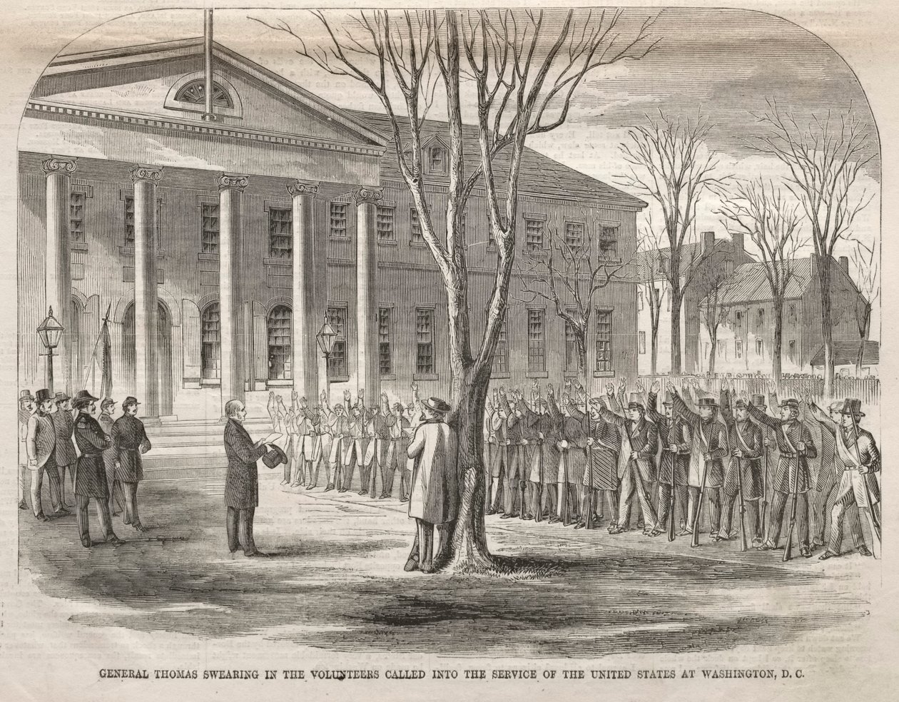 Le général Thomas prête serment aux volontaires appelés au service des États-Unis à Washington, D.C. - Winslow Homer