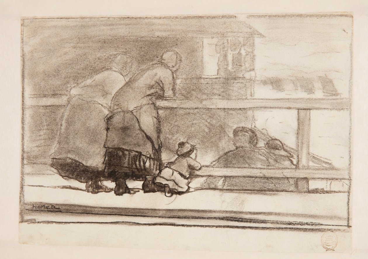 Deux femmes et un enfant à une balustrade, surplombant la plage de Tynemouth - Winslow Homer