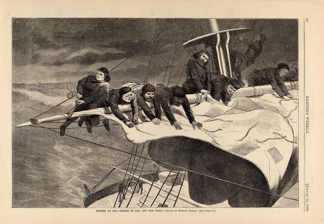 Winter at Sea--Taking in Sail off the Coast, tiré de Harper