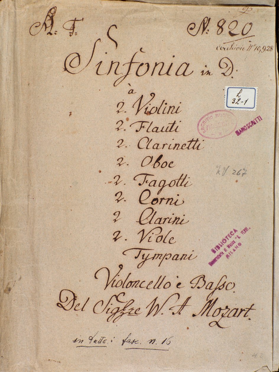 Première page de partition pour la Symphonie n°4 en ré, par Mozart - Wolfgang Amadeus Mozart