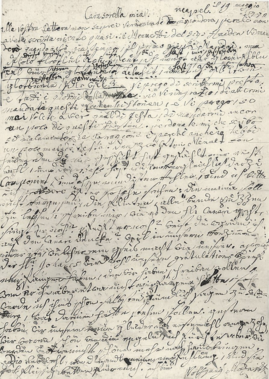 Wolfgang Amadeus Mozart (1756-1791) compositeur autrichien. Lettre autographe à sa sœur Nannerl. Naples, 19 mars 1770 - Wolfgang Amadeus Mozart