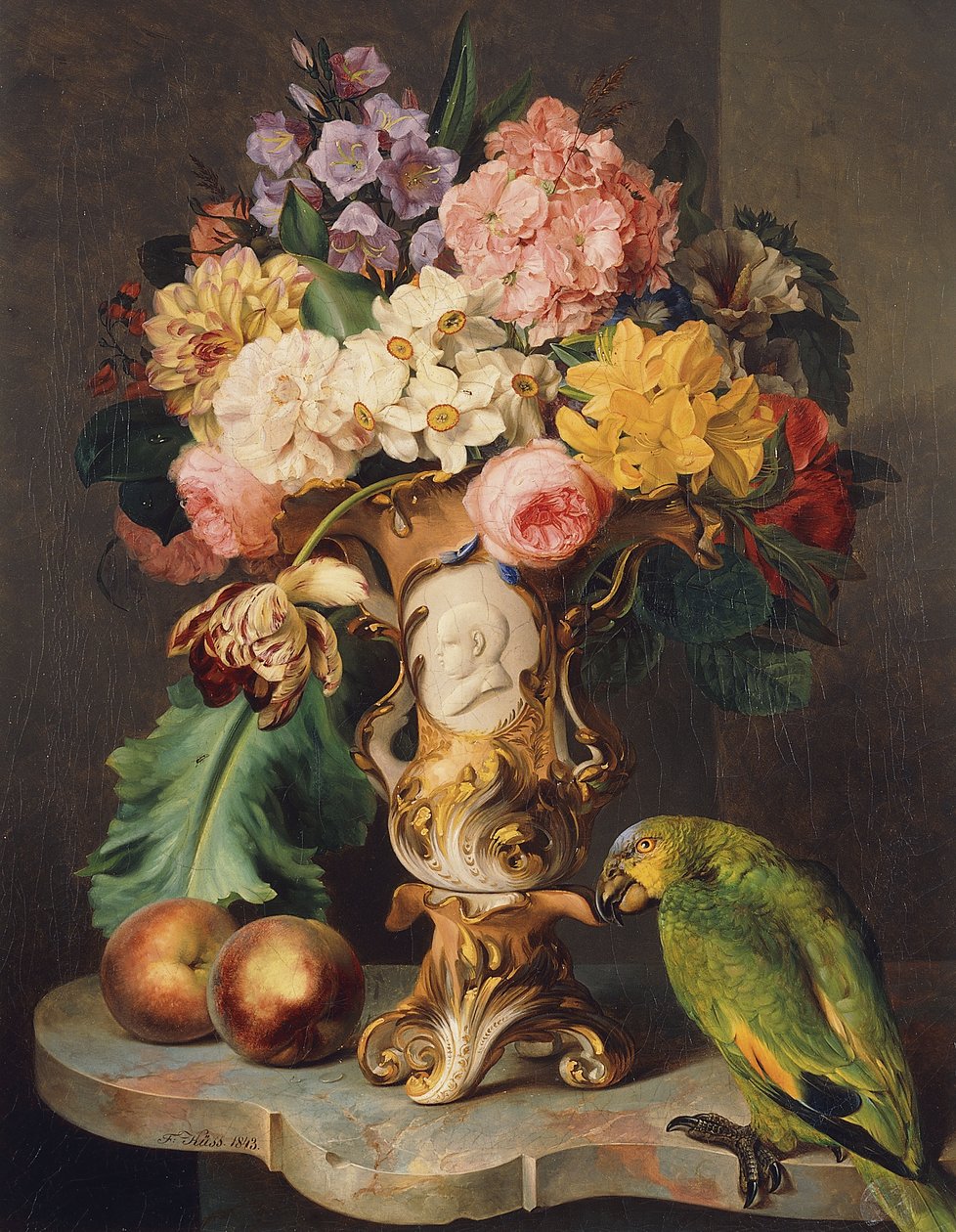 Nature morte avec un vase de fleurs variées, pêches et un perroquet sur un rebord de marbre - Wolfgang Küss