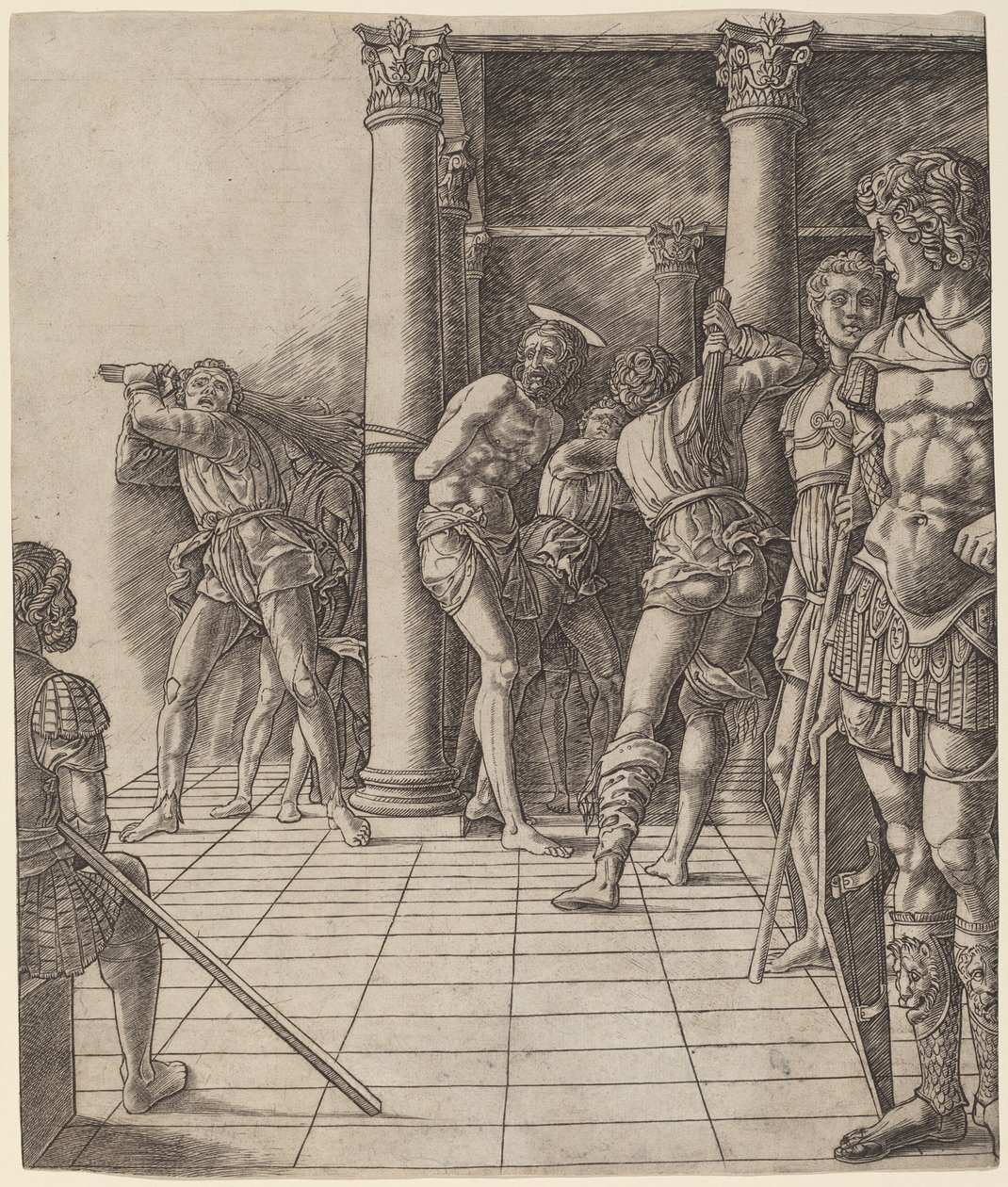 Flagellation du Christ, avec le pavé - Workshop of Andrea Mantegna