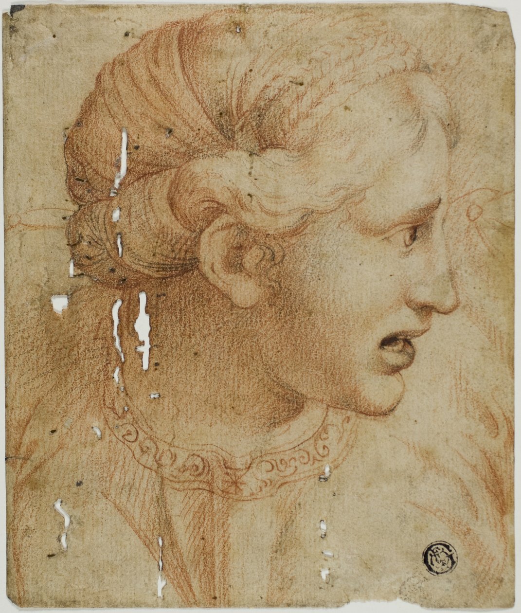 Tête de femme de profil, tournée vers la droite - Workshop of Raphael