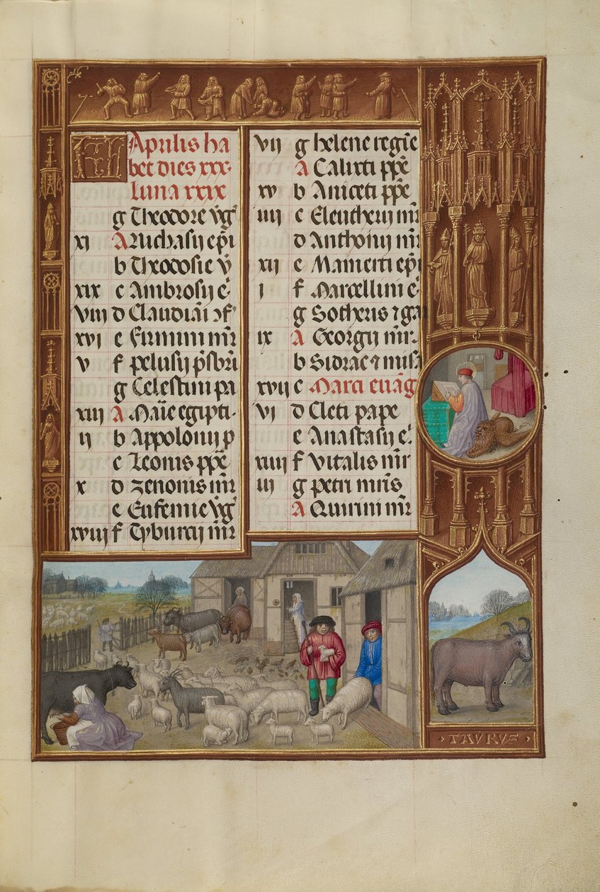 Animaux de ferme, traite et fabrication du beurre; Signe du zodiaque du Taureau - Workshop of the Master of James IV of Scotland